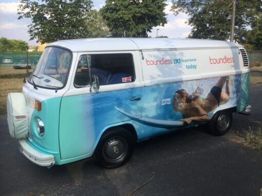 Branded VW camper hire with vinyl wrap for Boundless PR tour